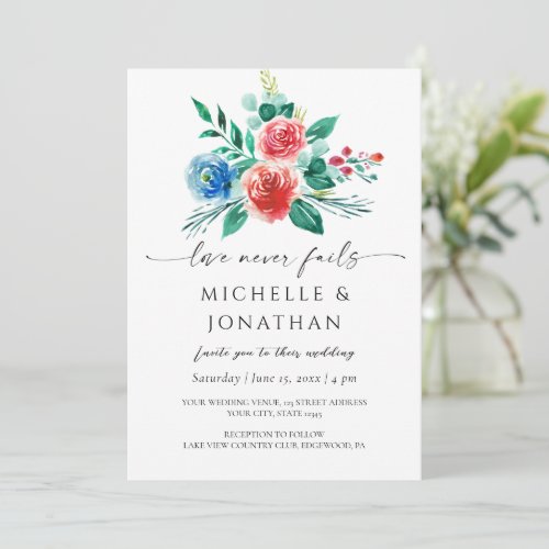 Bright Pink Blue Floral Christian Bible Wedding Invitation