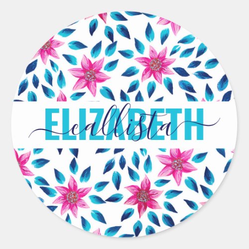 Bright Pink Blue Flowers Leaves Acrylic Monogram Classic Round Sticker