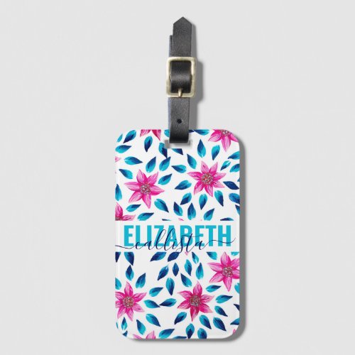 Bright Pink Blue Flowers Leaves Acrylic Monogram Luggage Tag