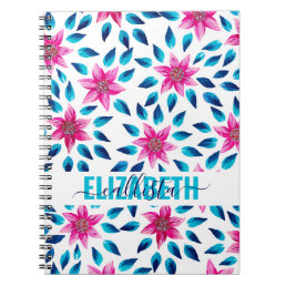 Bright Pink Blue Flowers Leaves Acrylic Monogram Notebook