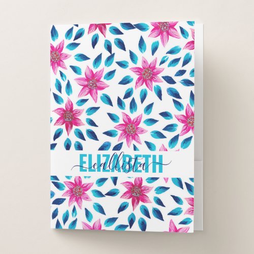Bright Pink Blue Flowers Leaves Acrylic Monogram Pocket Folder