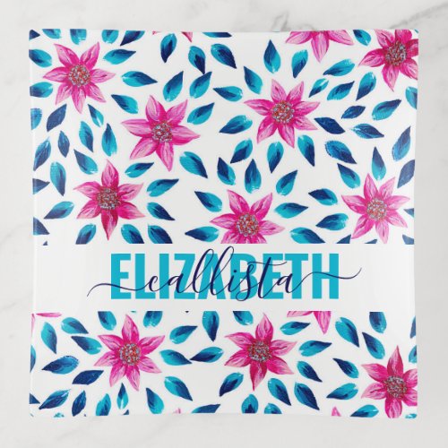 Bright Pink Blue Flowers Leaves Acrylic Monogram Trinket Tray