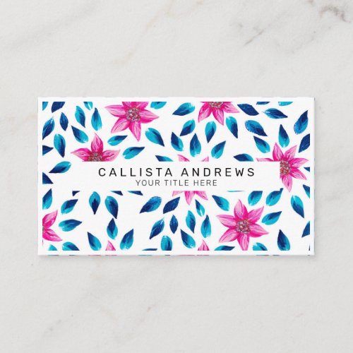 Bright Pink Blue Flowers Leaves Acrylic Paint Business Card