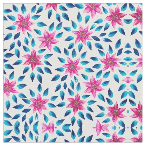 Bright Pink Blue Flowers Leaves Acrylic Paint Fabric