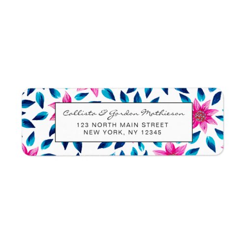 Bright Pink Blue Flowers Leaves Acrylic Paint Label