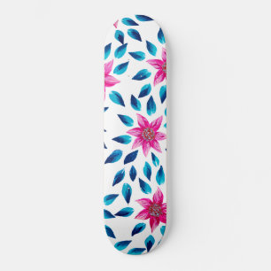 Bright Pink Blue Flowers Leaves Acrylic Paint Skateboard