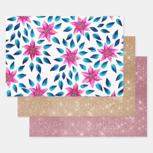 Bright Pink Blue Flowers Leaves Acrylic Paint Wrapping Paper Sheets