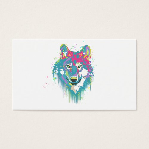 Bright Pink Blue Neon Watercolors Splatters Wolf Business Card Template