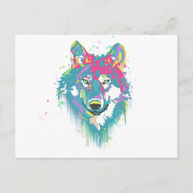 Bright Pink Blue Neon Watercolors Splatters Wolf Postcard (Front)