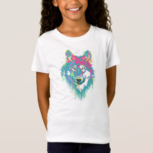 Bright Pink Blue Neon Watercolors Splatters Wolf T-Shirt