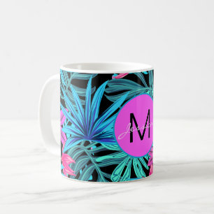 Bright Pink Blue Tropical Floral Personalised Coffee Mug