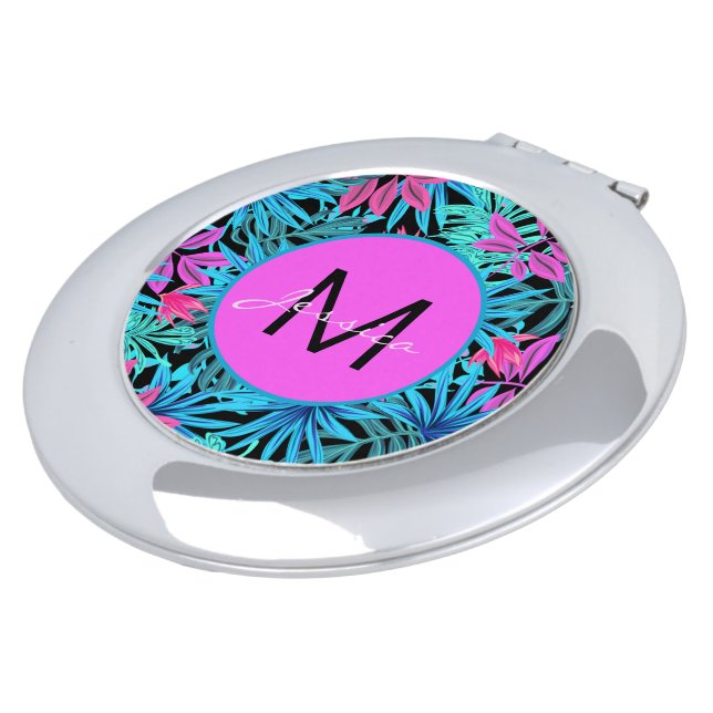 Bright Pink Blue Tropical Floral Personalised Compact Mirror (Turned)