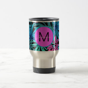 Bright Pink Blue Tropical Floral Personalised Travel Mug
