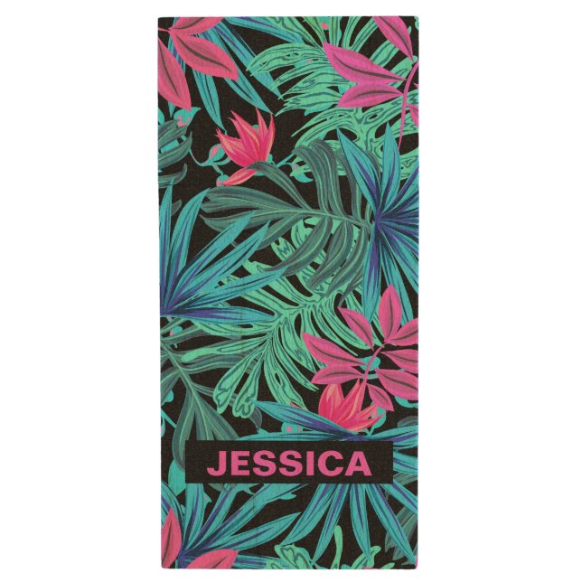 Bright Pink Blue Tropical Floral Personalised Wood Flash Drive (Front Vertical)