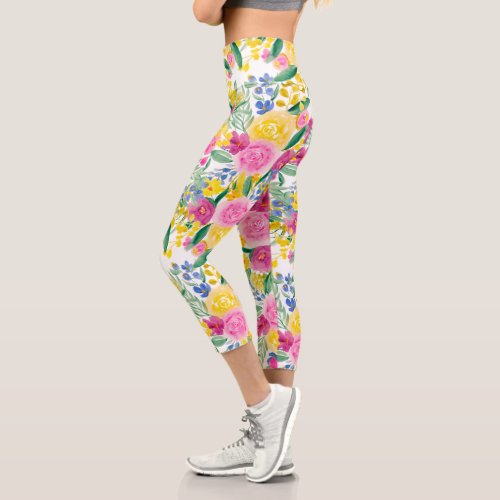 Bright pink blue yellow floral watercolor pattern capri leggings