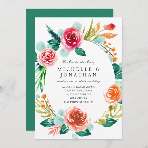 Bright Pink Blush Floral Wreath Christian Wedding Invitation