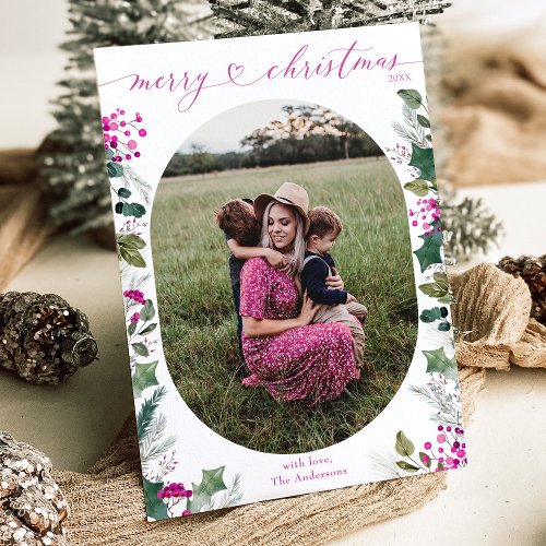 Bright Pink Boho Greenery 1 Photo Christmas Card