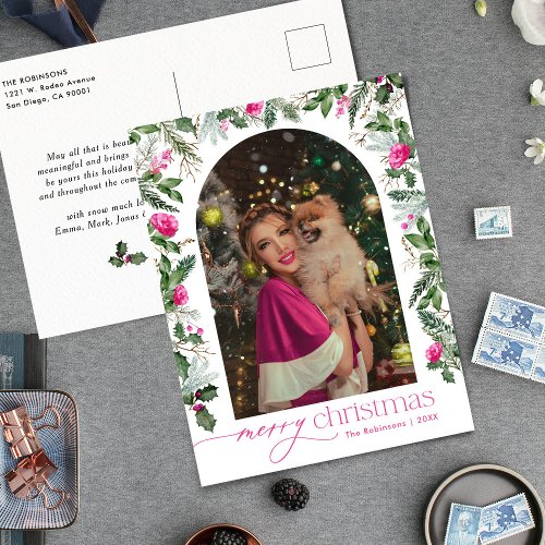 Bright Pink Botanical Arch 1 Photo Merry Christmas Postcard