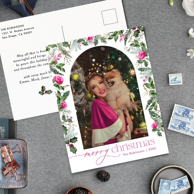 Bright Pink Botanical Arch 1 Photo Merry Christmas Postcard (Creator Uploaded)