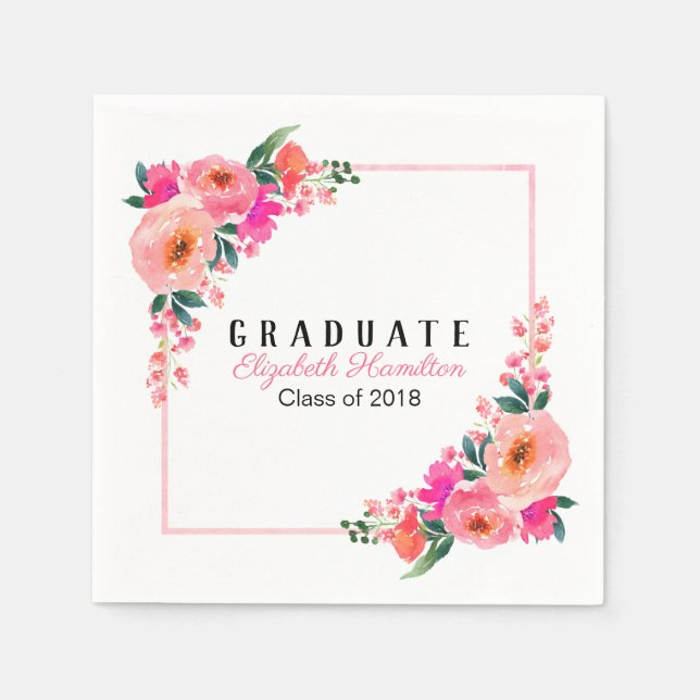 Bright Pink Botanical Floral Graduation Party Napkins (Front)