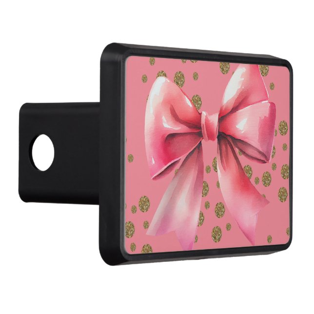 Bright Pink Bow Polk Dots Gold Hitch Cover (Right)