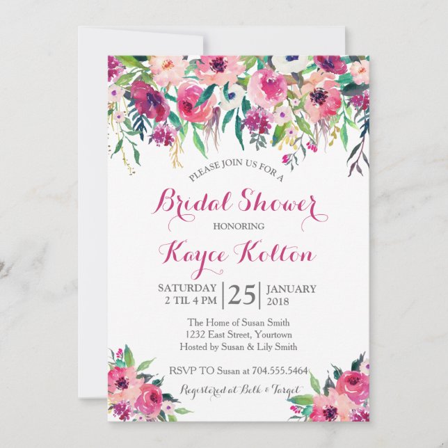Bright pink bridal shower invitation (Front)