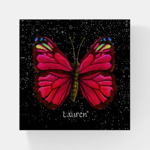 Bright Pink Butterfly on Silver Star Night Sky Paperweight