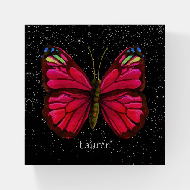 Bright Pink Butterfly on Silver Star Night Sky Paperweight (Front)