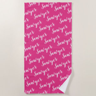 Bright Pink Calligraphy Personalized Repeat Name Beach Towel