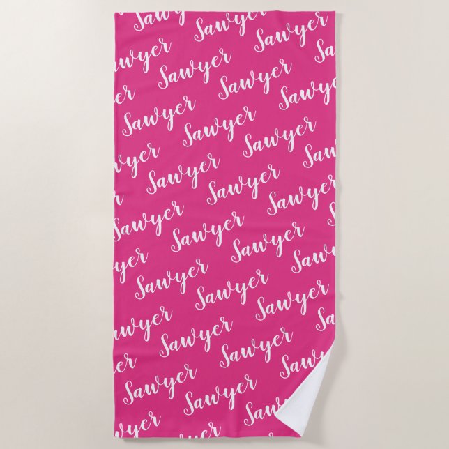 Bright Pink Calligraphy Personalized Repeat Name Beach Towel (Front)