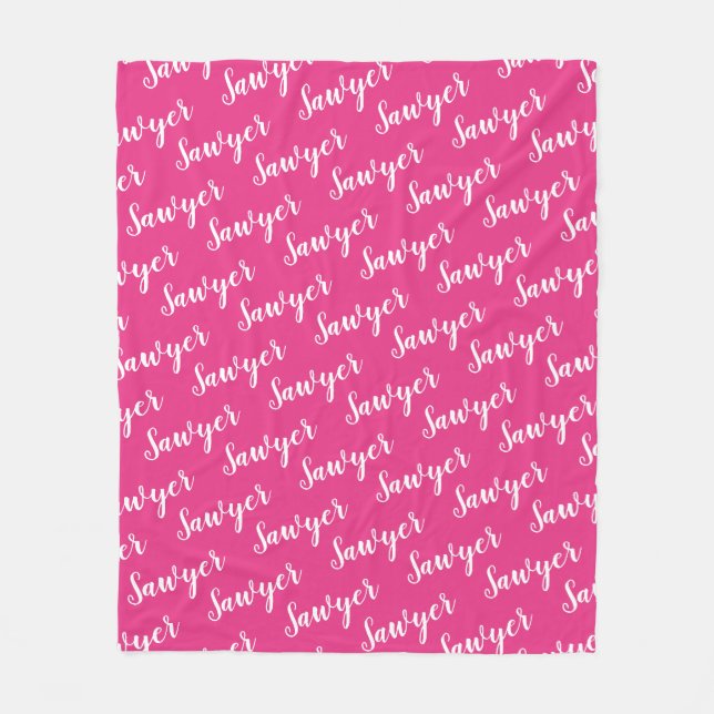 Bright Pink Calligraphy Personalized Repeat Name Fleece Blanket (Front)