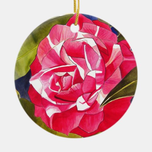 Bright pink Camellia watercolor art flower Ceramic Ornament
