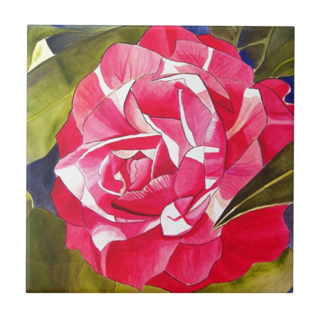 Bright pink Camellia watercolor art flower Ceramic Tile (Front)