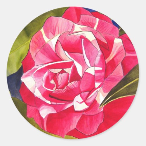 Bright pink Camellia watercolor art flower Classic Round Sticker