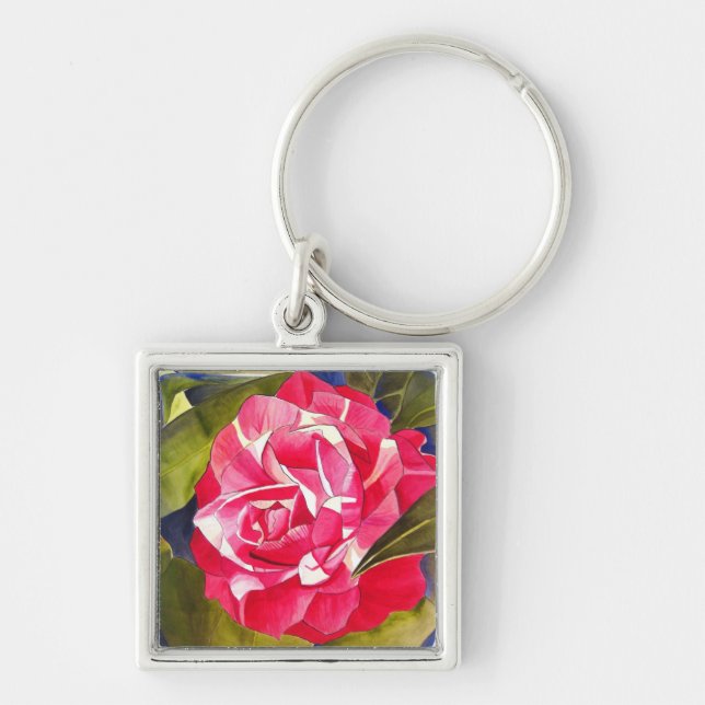 Bright pink Camellia watercolor art flower Keychain (Front)