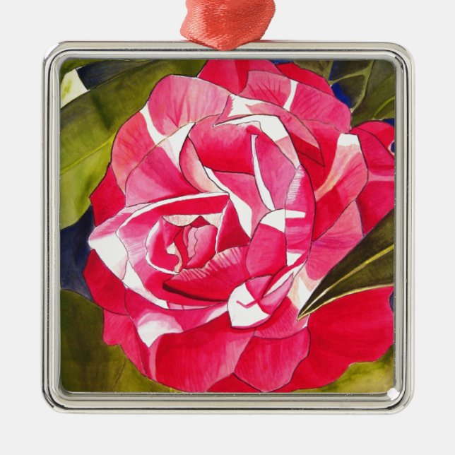 Bright pink Camellia watercolor art flower Metal Ornament (Front)