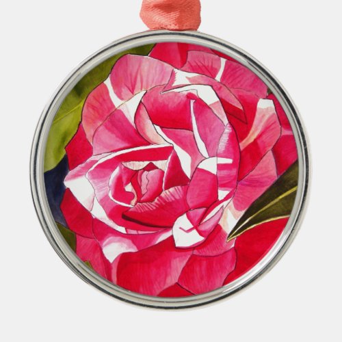 Bright pink Camellia watercolor art flower Metal Ornament