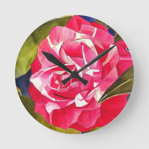 Bright pink Camellia watercolor art flower Round Clock