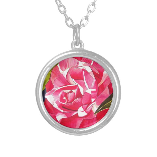 Bright pink Camellia watercolor art flower Silver Plated Necklace (Front)