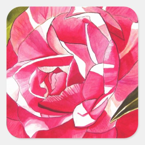 Bright pink Camellia watercolor art flower Square Sticker