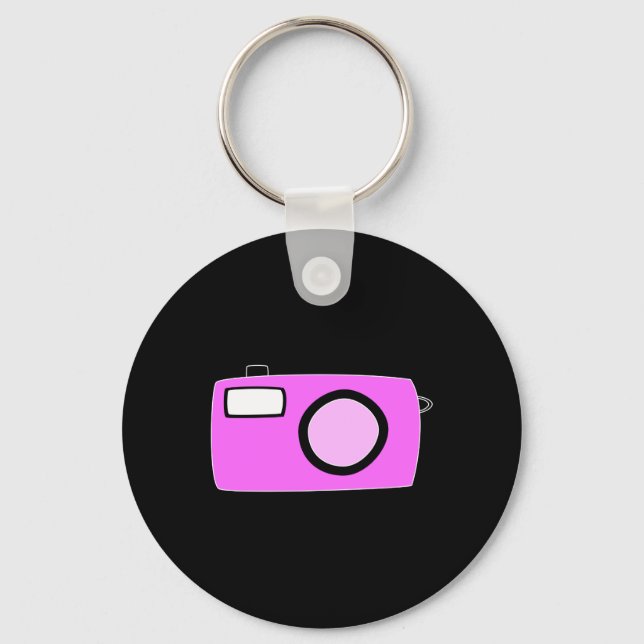 Bright Pink Camera. On Black. Keychain (Front)