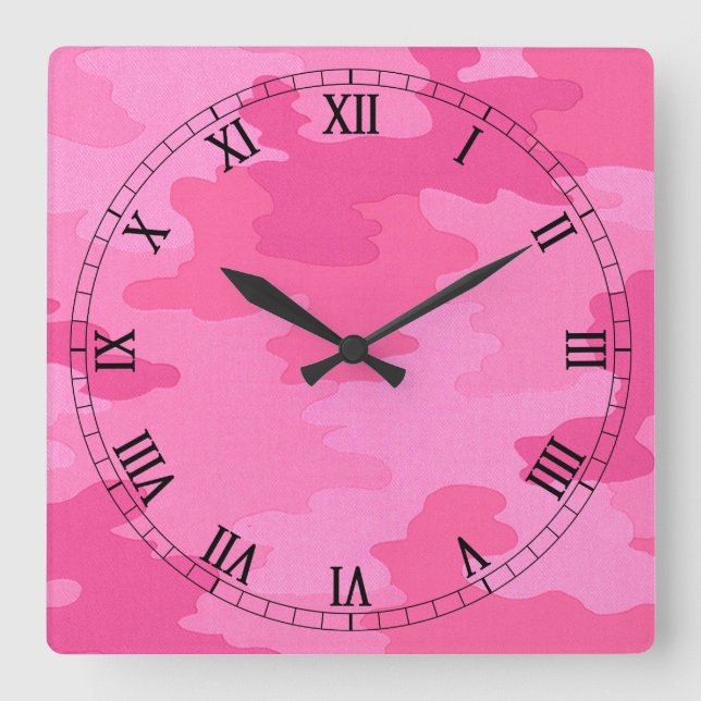 Bright Pink Camouflage Square Roman Numerals Clock (Front)