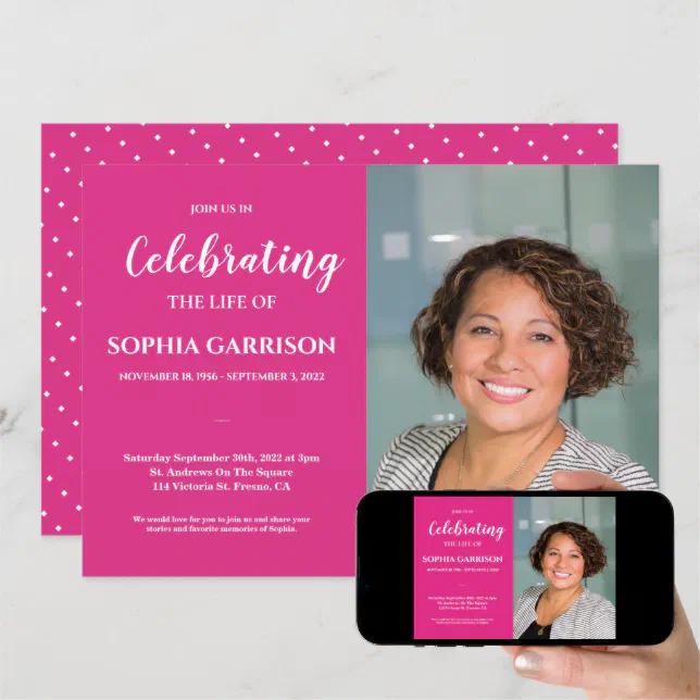 Bright Pink Celebration of Life With Photo Funeral Invitation | Zazzle