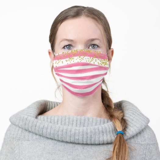 girly Face mask in Pink and whitel Stripes pattern with Gold confetti dot Accents