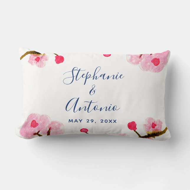 Bright Pink Cherry Blossom Lumbar Pillow (Front)