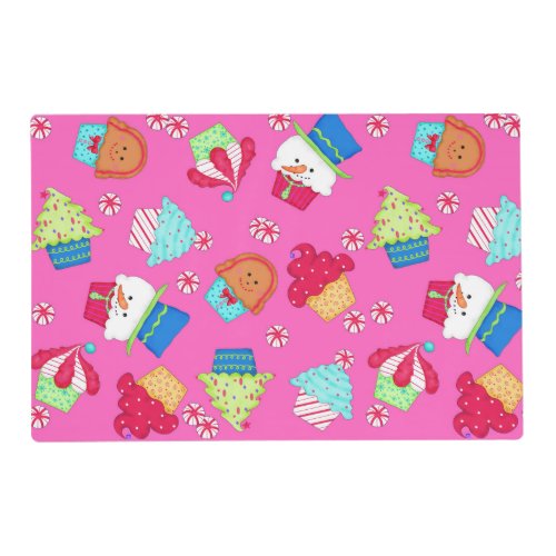 Bright Pink Christmas Cupcake Whimsy Art Placemat