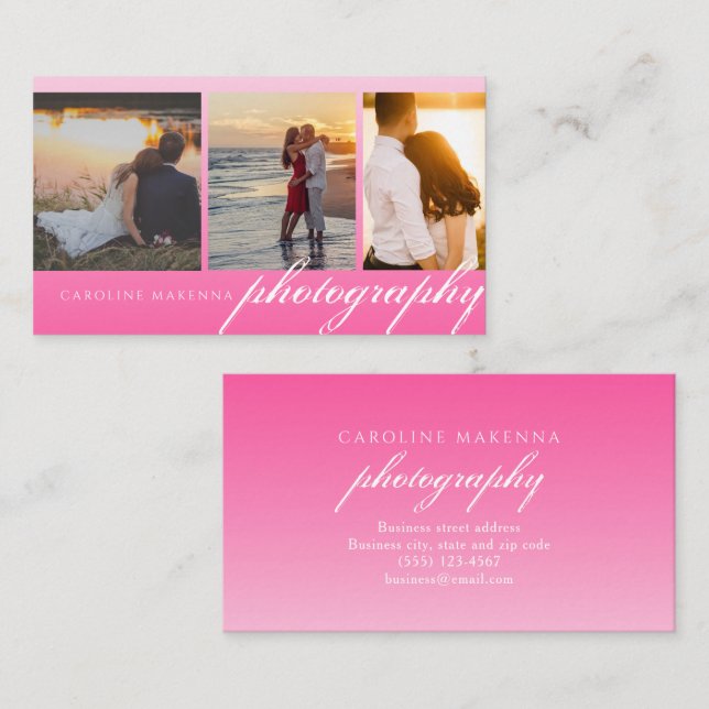 Bright Pink Collage 3-photo Photography Business Card (Front/Back)