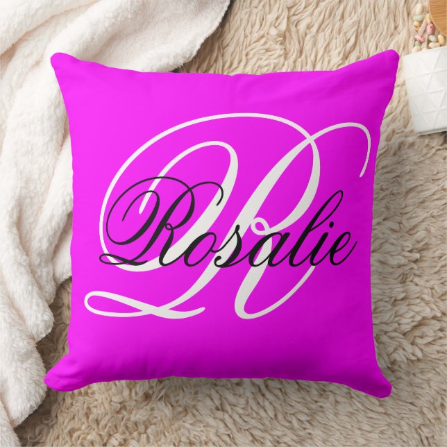 Bright Pink Color - Name & Monogram Fuchsia Pillow (Blanket)