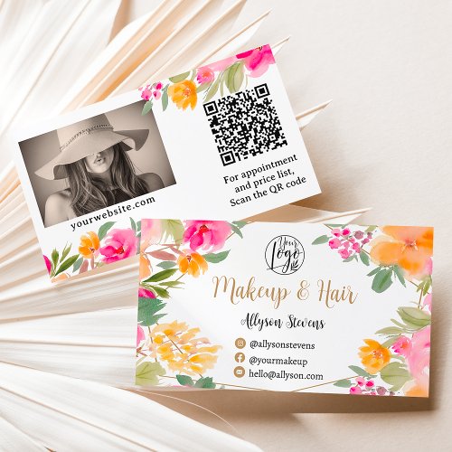Bright pink colorful Floral gold makeup Hair Business Card