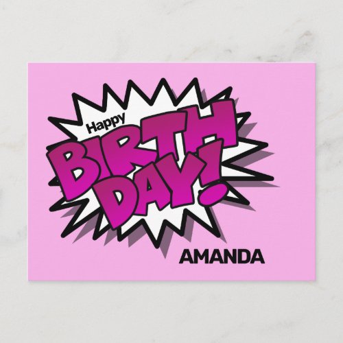 Bright Pink Comic Text  Happy Birthday Postcard